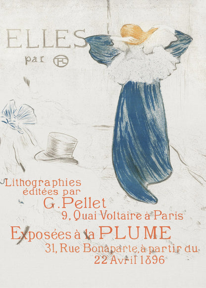 A vintage French poster from 1896 by Toulouse-Lautrec for the 'Elles' lithograph exhibition. It features a woman in a blue dress, seen from the back, against a light background with French text in red and grey. Wall Art