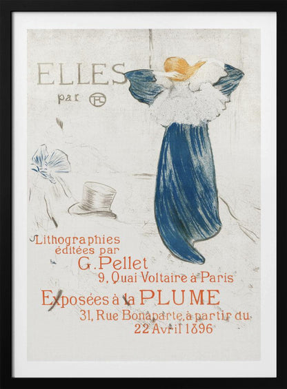 A vintage French poster from 1896 by Toulouse-Lautrec for the 'Elles' lithograph exhibition. It features a woman in a blue dress, seen from the back, against a light background with French text in red and grey. Wall Art
