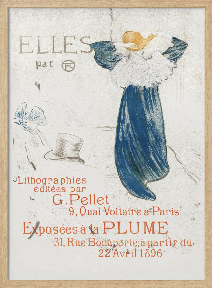 A vintage French poster from 1896 by Toulouse-Lautrec for the 'Elles' lithograph exhibition. It features a woman in a blue dress, seen from the back, against a light background with French text in red and grey. Wall Art