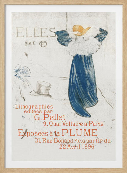 A vintage French poster from 1896 by Toulouse-Lautrec for the 'Elles' lithograph exhibition. It features a woman in a blue dress, seen from the back, against a light background with French text in red and grey. Wall Art