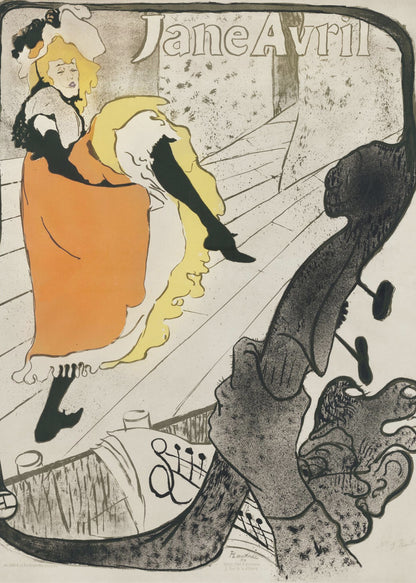 A vintage Art Nouveau poster by Henri de Toulouse-Lautrec for the dancer Jane Avril. It depicts her on a stage in a vibrant orange dress and yellow petticoat, kicking her leg high. The perspective is from the orchestra pit, with the neck of a double bass dominating the foreground. Artwork