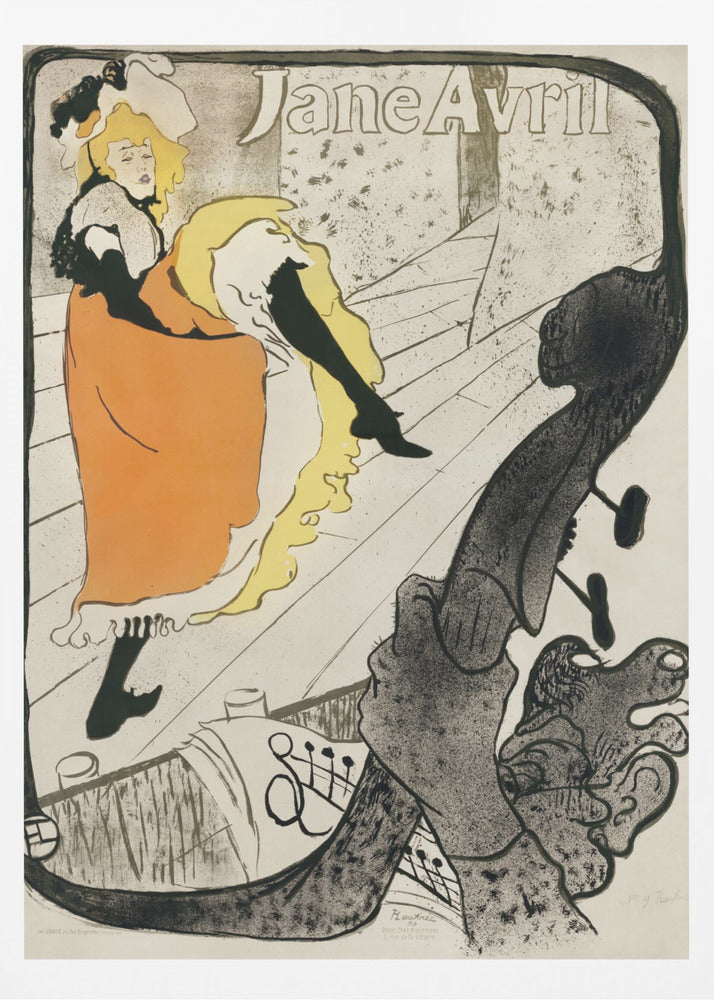 A vintage Art Nouveau poster by Henri de Toulouse-Lautrec for the dancer Jane Avril. It depicts her on a stage in a vibrant orange dress and yellow petticoat, kicking her leg high. The perspective is from the orchestra pit, with the neck of a double bass dominating the foreground. Artwork