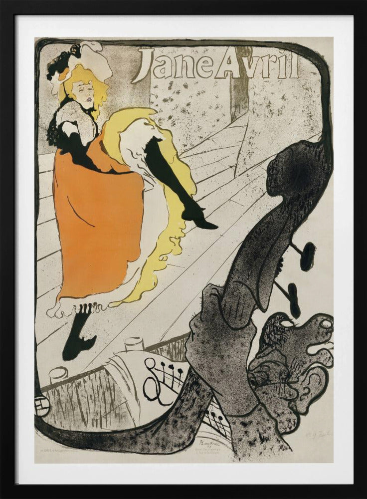 A vintage Art Nouveau poster by Henri de Toulouse-Lautrec for the dancer Jane Avril. It depicts her on a stage in a vibrant orange dress and yellow petticoat, kicking her leg high. The perspective is from the orchestra pit, with the neck of a double bass dominating the foreground. Artwork