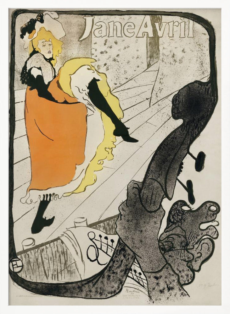 A vintage Art Nouveau poster by Henri de Toulouse-Lautrec for the dancer Jane Avril. It depicts her on a stage in a vibrant orange dress and yellow petticoat, kicking her leg high. The perspective is from the orchestra pit, with the neck of a double bass dominating the foreground. Artwork