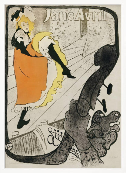 A vintage Art Nouveau poster by Henri de Toulouse-Lautrec for the dancer Jane Avril. It depicts her on a stage in a vibrant orange dress and yellow petticoat, kicking her leg high. The perspective is from the orchestra pit, with the neck of a double bass dominating the foreground. Artwork