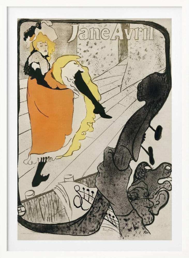 A vintage Art Nouveau poster by Henri de Toulouse-Lautrec for the dancer Jane Avril. It depicts her on a stage in a vibrant orange dress and yellow petticoat, kicking her leg high. The perspective is from the orchestra pit, with the neck of a double bass dominating the foreground. Artwork