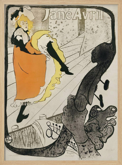 A vintage Art Nouveau poster by Henri de Toulouse-Lautrec for the dancer Jane Avril. It depicts her on a stage in a vibrant orange dress and yellow petticoat, kicking her leg high. The perspective is from the orchestra pit, with the neck of a double bass dominating the foreground. Artwork