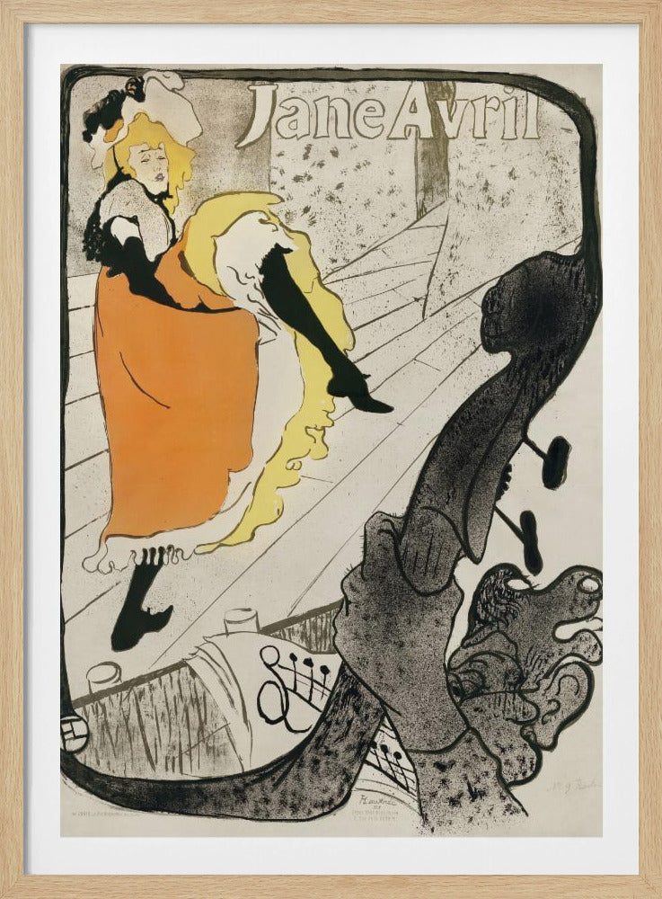 A vintage Art Nouveau poster by Henri de Toulouse-Lautrec for the dancer Jane Avril. It depicts her on a stage in a vibrant orange dress and yellow petticoat, kicking her leg high. The perspective is from the orchestra pit, with the neck of a double bass dominating the foreground. Artwork