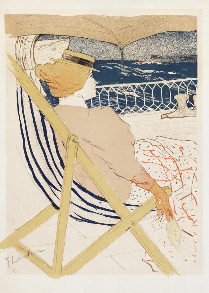 A vintage Art Nouveau print by Henri de Toulouse-Lautrec, 'The Passenger in Cabin 54', depicting a woman in a hat and beige dress, relaxing in a striped deck chair on a ship and gazing out at the deep blue ocean. Artwork