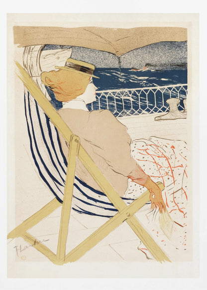 A vintage Art Nouveau print by Henri de Toulouse-Lautrec, 'The Passenger in Cabin 54', depicting a woman in a hat and beige dress, relaxing in a striped deck chair on a ship and gazing out at the deep blue ocean. Artwork