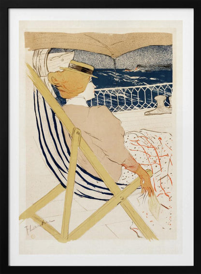 A vintage Art Nouveau print by Henri de Toulouse-Lautrec, 'The Passenger in Cabin 54', depicting a woman in a hat and beige dress, relaxing in a striped deck chair on a ship and gazing out at the deep blue ocean. Artwork