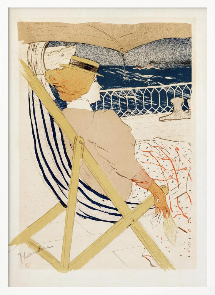 A vintage Art Nouveau print by Henri de Toulouse-Lautrec, 'The Passenger in Cabin 54', depicting a woman in a hat and beige dress, relaxing in a striped deck chair on a ship and gazing out at the deep blue ocean. Artwork