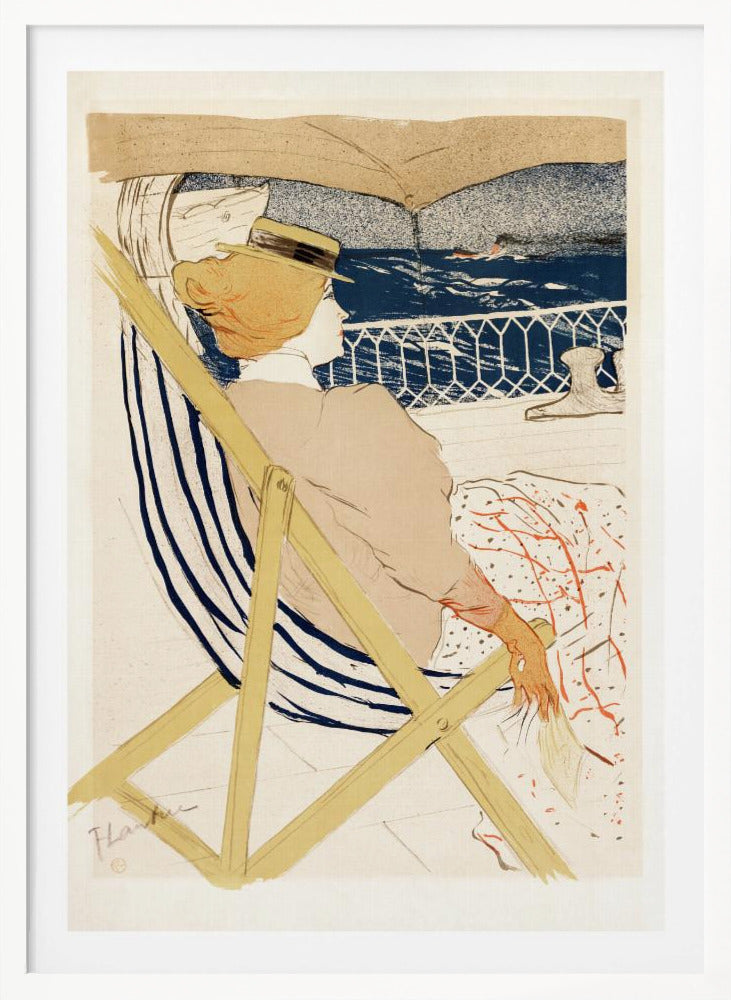 A vintage Art Nouveau print by Henri de Toulouse-Lautrec, 'The Passenger in Cabin 54', depicting a woman in a hat and beige dress, relaxing in a striped deck chair on a ship and gazing out at the deep blue ocean. Artwork