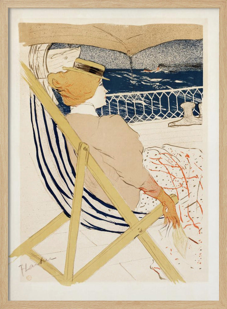 A vintage Art Nouveau print by Henri de Toulouse-Lautrec, 'The Passenger in Cabin 54', depicting a woman in a hat and beige dress, relaxing in a striped deck chair on a ship and gazing out at the deep blue ocean. Artwork