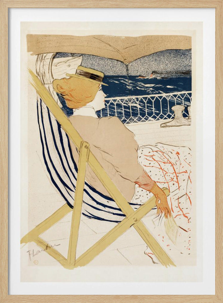A vintage Art Nouveau print by Henri de Toulouse-Lautrec, 'The Passenger in Cabin 54', depicting a woman in a hat and beige dress, relaxing in a striped deck chair on a ship and gazing out at the deep blue ocean. Artwork