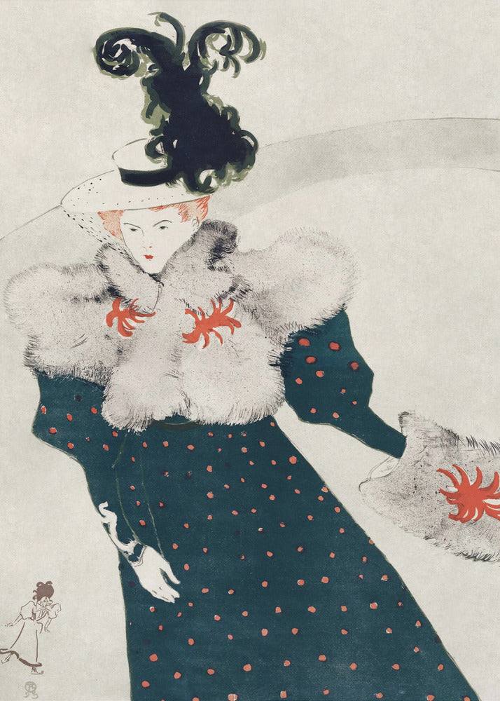 An Art Nouveau illustration of a woman in elegant finery. She wears a dark teal, red polka-dotted dress with a fluffy white fur stole and muff, both accented with red floral-like designs. Her white hat is adorned with a large, elaborate black plume. The background is a simple, light gray, emphasizing her fashionable silhouette. Artwork