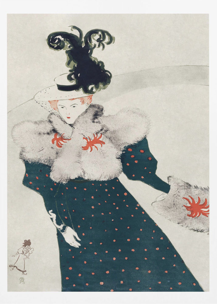 An Art Nouveau illustration of a woman in elegant finery. She wears a dark teal, red polka-dotted dress with a fluffy white fur stole and muff, both accented with red floral-like designs. Her white hat is adorned with a large, elaborate black plume. The background is a simple, light gray, emphasizing her fashionable silhouette. Artwork