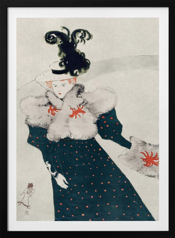 An Art Nouveau illustration of a woman in elegant finery. She wears a dark teal, red polka-dotted dress with a fluffy white fur stole and muff, both accented with red floral-like designs. Her white hat is adorned with a large, elaborate black plume. The background is a simple, light gray, emphasizing her fashionable silhouette. Artwork