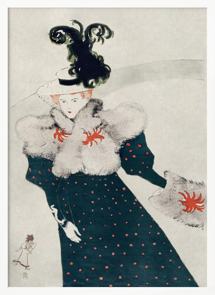 An Art Nouveau illustration of a woman in elegant finery. She wears a dark teal, red polka-dotted dress with a fluffy white fur stole and muff, both accented with red floral-like designs. Her white hat is adorned with a large, elaborate black plume. The background is a simple, light gray, emphasizing her fashionable silhouette. Artwork