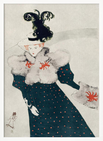 An Art Nouveau illustration of a woman in elegant finery. She wears a dark teal, red polka-dotted dress with a fluffy white fur stole and muff, both accented with red floral-like designs. Her white hat is adorned with a large, elaborate black plume. The background is a simple, light gray, emphasizing her fashionable silhouette. Artwork