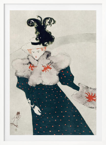 An Art Nouveau illustration of a woman in elegant finery. She wears a dark teal, red polka-dotted dress with a fluffy white fur stole and muff, both accented with red floral-like designs. Her white hat is adorned with a large, elaborate black plume. The background is a simple, light gray, emphasizing her fashionable silhouette. Artwork