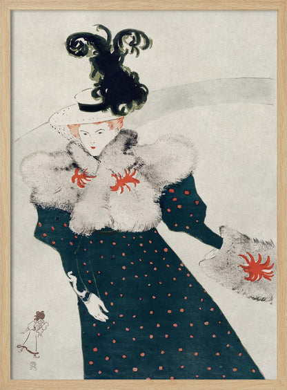 An Art Nouveau illustration of a woman in elegant finery. She wears a dark teal, red polka-dotted dress with a fluffy white fur stole and muff, both accented with red floral-like designs. Her white hat is adorned with a large, elaborate black plume. The background is a simple, light gray, emphasizing her fashionable silhouette. Artwork
