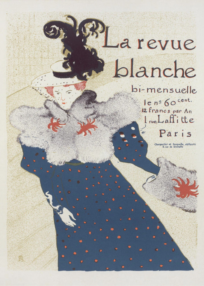 A vintage French poster for 'La revue blanche' by Toulouse-Lautrec. The Art Nouveau illustration features a stylish woman in a blue dress with red polka dots, a large grey fur stole, and a white hat with a prominent black feather plume against a cream background with text. Print
