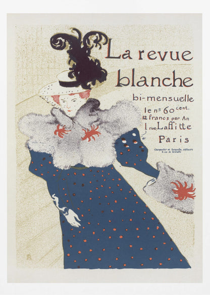 A vintage French poster for 'La revue blanche' by Toulouse-Lautrec. The Art Nouveau illustration features a stylish woman in a blue dress with red polka dots, a large grey fur stole, and a white hat with a prominent black feather plume against a cream background with text. Print