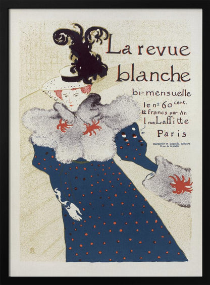 A vintage French poster for 'La revue blanche' by Toulouse-Lautrec. The Art Nouveau illustration features a stylish woman in a blue dress with red polka dots, a large grey fur stole, and a white hat with a prominent black feather plume against a cream background with text. Print