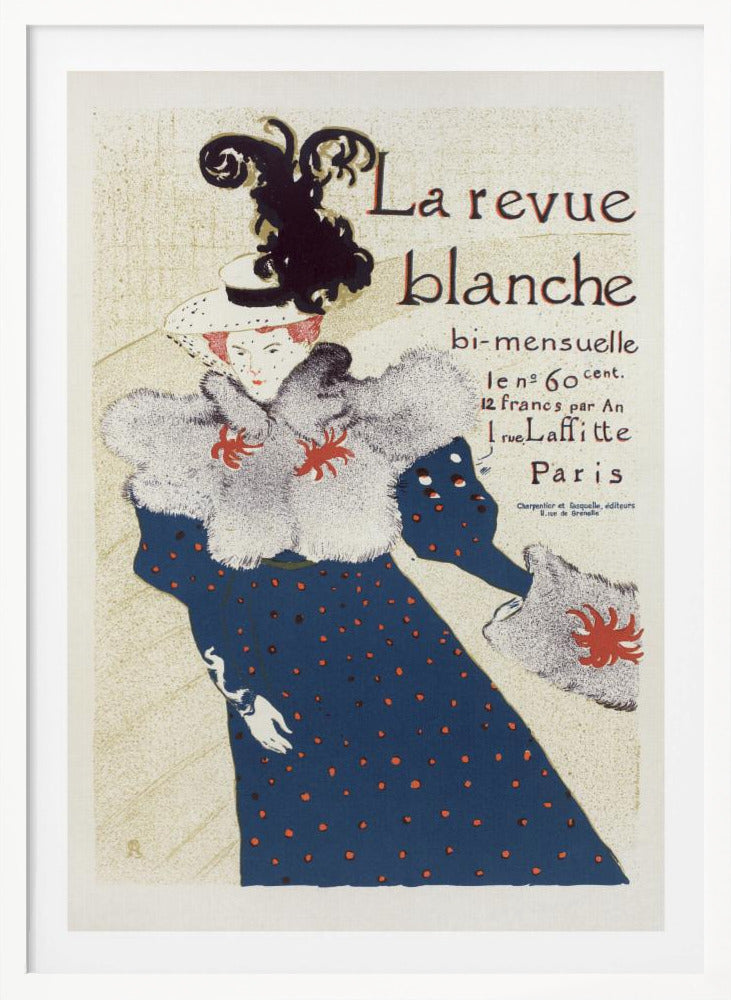 A vintage French poster for 'La revue blanche' by Toulouse-Lautrec. The Art Nouveau illustration features a stylish woman in a blue dress with red polka dots, a large grey fur stole, and a white hat with a prominent black feather plume against a cream background with text. Print