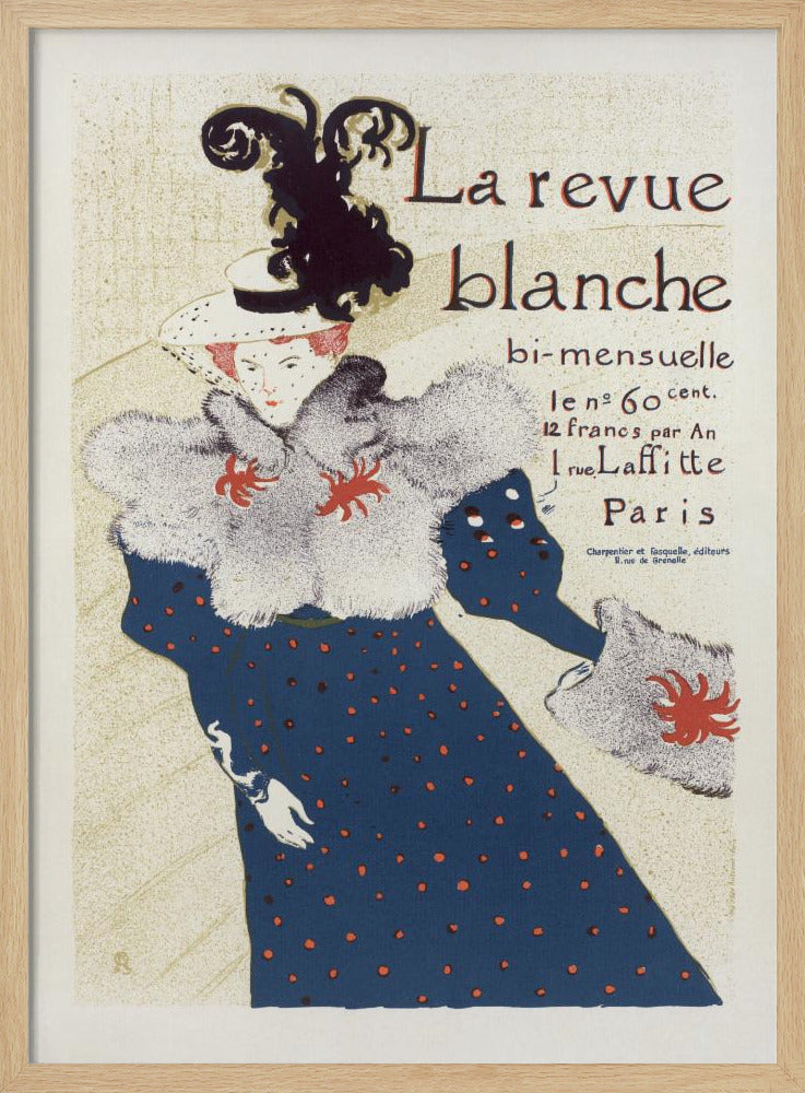 A vintage French poster for 'La revue blanche' by Toulouse-Lautrec. The Art Nouveau illustration features a stylish woman in a blue dress with red polka dots, a large grey fur stole, and a white hat with a prominent black feather plume against a cream background with text. Print