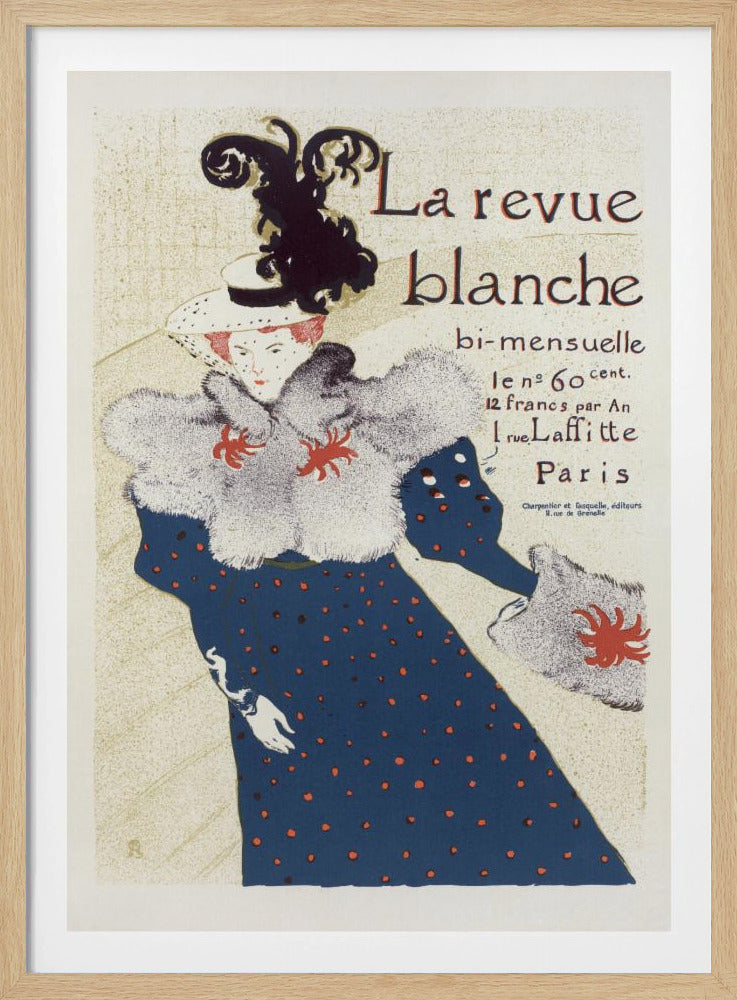 A vintage French poster for 'La revue blanche' by Toulouse-Lautrec. The Art Nouveau illustration features a stylish woman in a blue dress with red polka dots, a large grey fur stole, and a white hat with a prominent black feather plume against a cream background with text. Print