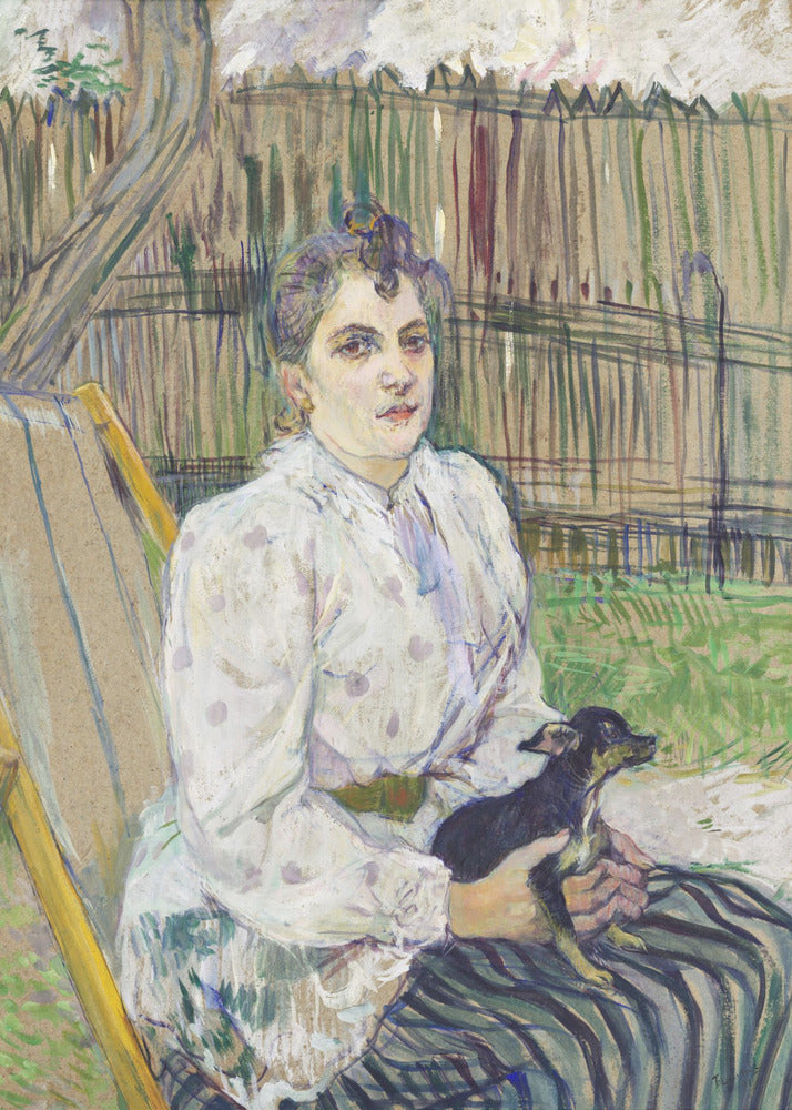 An impressionistic painting of a woman with her hair styled up, wearing a white polka-dot dress, sitting in a garden chair and holding a small black dog on her lap. Behind her is a tall wooden fence and trees. Print