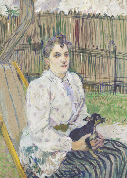 An impressionistic painting of a woman with her hair styled up, wearing a white polka-dot dress, sitting in a garden chair and holding a small black dog on her lap. Behind her is a tall wooden fence and trees. Print