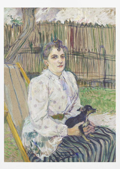 An impressionistic painting of a woman with her hair styled up, wearing a white polka-dot dress, sitting in a garden chair and holding a small black dog on her lap. Behind her is a tall wooden fence and trees. Print