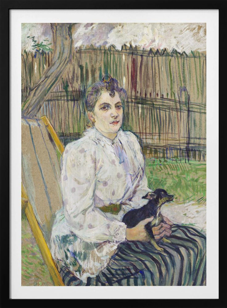 An impressionistic painting of a woman with her hair styled up, wearing a white polka-dot dress, sitting in a garden chair and holding a small black dog on her lap. Behind her is a tall wooden fence and trees. Print