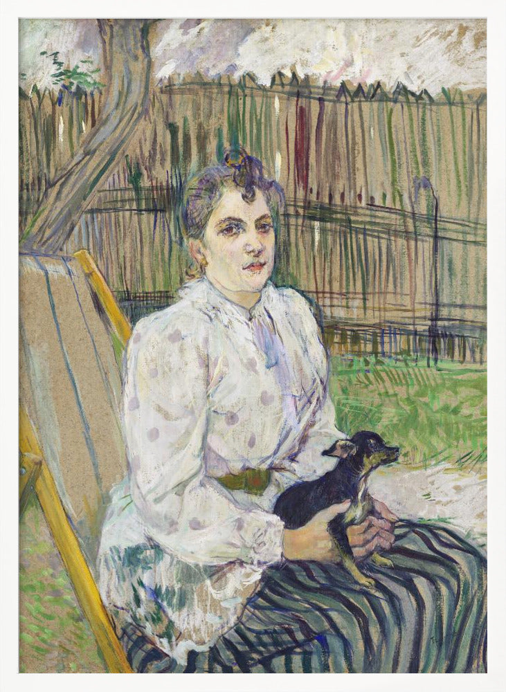 An impressionistic painting of a woman with her hair styled up, wearing a white polka-dot dress, sitting in a garden chair and holding a small black dog on her lap. Behind her is a tall wooden fence and trees. Print