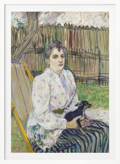 An impressionistic painting of a woman with her hair styled up, wearing a white polka-dot dress, sitting in a garden chair and holding a small black dog on her lap. Behind her is a tall wooden fence and trees. Print