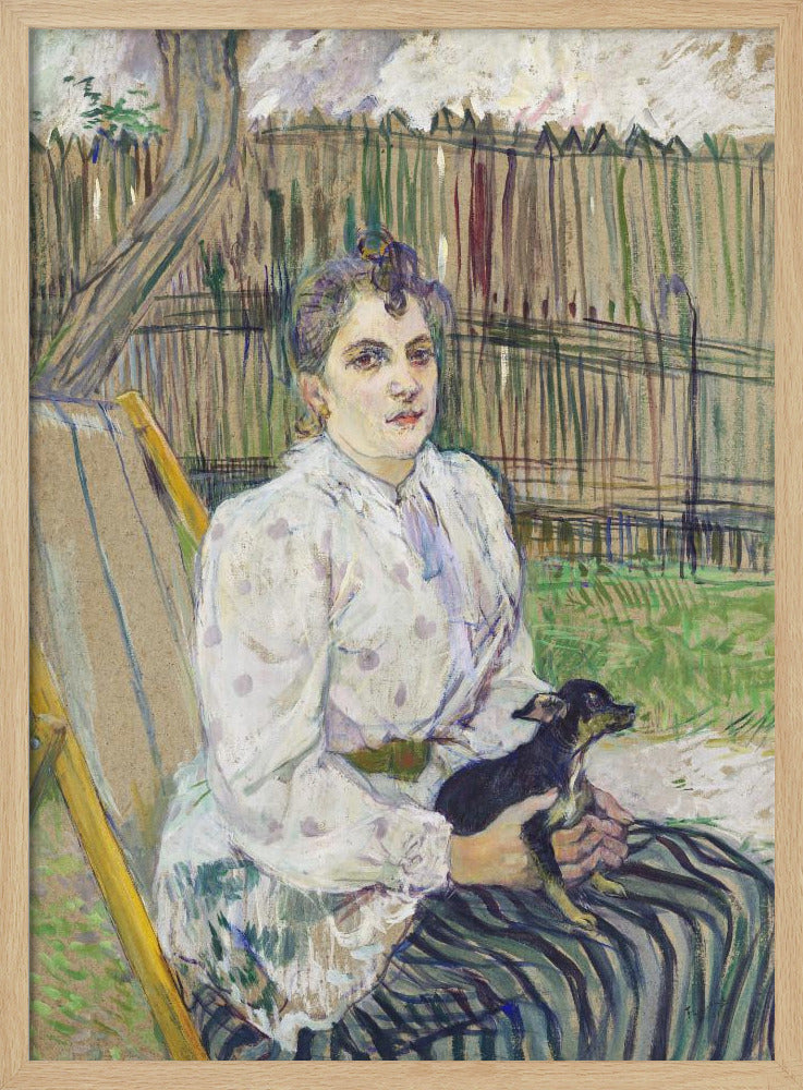 An impressionistic painting of a woman with her hair styled up, wearing a white polka-dot dress, sitting in a garden chair and holding a small black dog on her lap. Behind her is a tall wooden fence and trees. Print