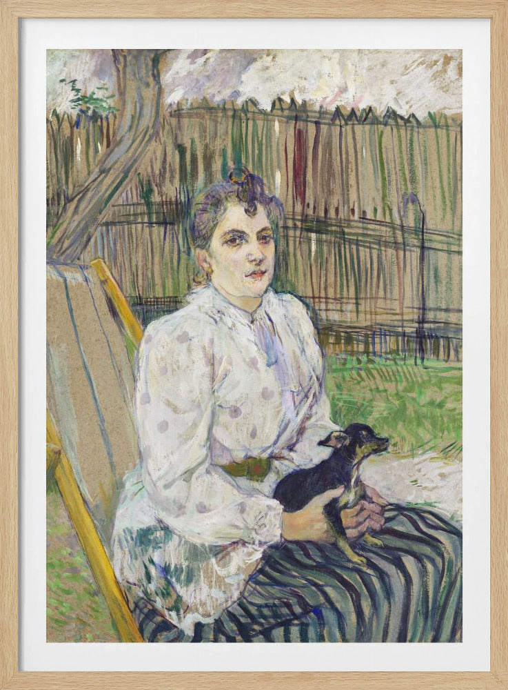 An impressionistic painting of a woman with her hair styled up, wearing a white polka-dot dress, sitting in a garden chair and holding a small black dog on her lap. Behind her is a tall wooden fence and trees. Print