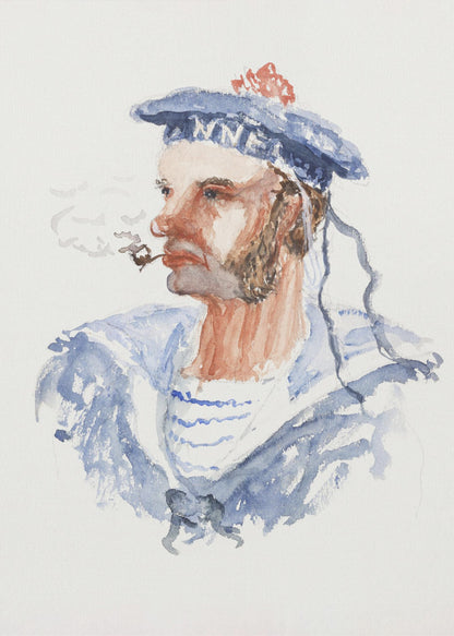 A watercolor portrait of a bearded sailor in profile, wearing a blue hat with a red pom-pom and a blue and white striped shirt. He is smoking a pipe, with wisps of smoke floating away, all set against a white background and enclosed in a black frame. Print
