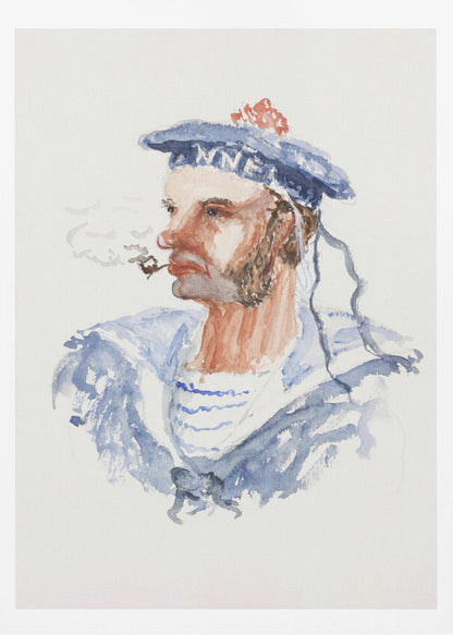 A watercolor portrait of a bearded sailor in profile, wearing a blue hat with a red pom-pom and a blue and white striped shirt. He is smoking a pipe, with wisps of smoke floating away, all set against a white background and enclosed in a black frame. Print