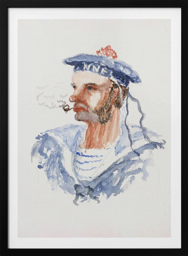 A watercolor portrait of a bearded sailor in profile, wearing a blue hat with a red pom-pom and a blue and white striped shirt. He is smoking a pipe, with wisps of smoke floating away, all set against a white background and enclosed in a black frame. Print