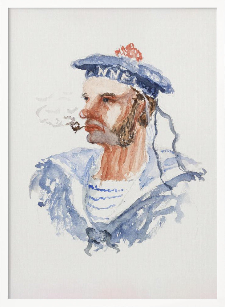A watercolor portrait of a bearded sailor in profile, wearing a blue hat with a red pom-pom and a blue and white striped shirt. He is smoking a pipe, with wisps of smoke floating away, all set against a white background and enclosed in a black frame. Print