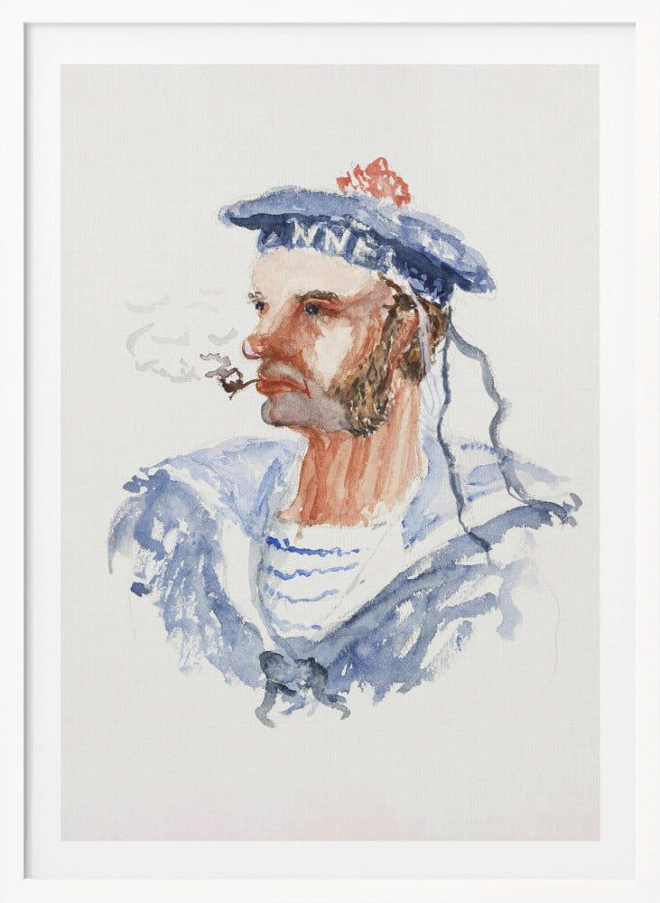 A watercolor portrait of a bearded sailor in profile, wearing a blue hat with a red pom-pom and a blue and white striped shirt. He is smoking a pipe, with wisps of smoke floating away, all set against a white background and enclosed in a black frame. Print