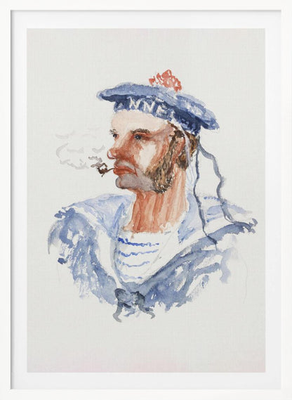 A watercolor portrait of a bearded sailor in profile, wearing a blue hat with a red pom-pom and a blue and white striped shirt. He is smoking a pipe, with wisps of smoke floating away, all set against a white background and enclosed in a black frame. Print