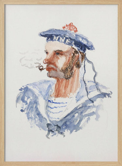 A watercolor portrait of a bearded sailor in profile, wearing a blue hat with a red pom-pom and a blue and white striped shirt. He is smoking a pipe, with wisps of smoke floating away, all set against a white background and enclosed in a black frame. Print