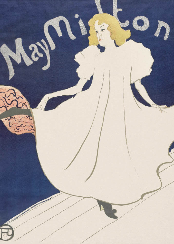 An Art Nouveau poster by Henri de Toulouse-Lautrec for the dancer May Milton. A blonde woman in a voluminous white dress stands on a stage against a deep blue background, looking back at the viewer. She lifts her skirt to reveal a pink and black lining. The name 'May Milton' is written in a stylized silver font. Wall Art