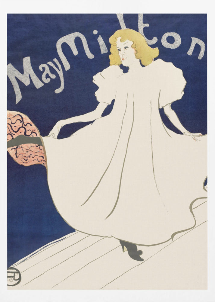 An Art Nouveau poster by Henri de Toulouse-Lautrec for the dancer May Milton. A blonde woman in a voluminous white dress stands on a stage against a deep blue background, looking back at the viewer. She lifts her skirt to reveal a pink and black lining. The name 'May Milton' is written in a stylized silver font. Wall Art