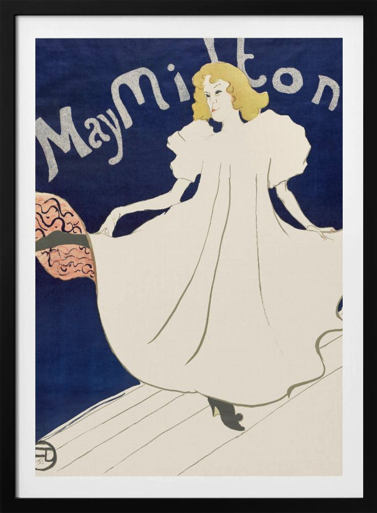 An Art Nouveau poster by Henri de Toulouse-Lautrec for the dancer May Milton. A blonde woman in a voluminous white dress stands on a stage against a deep blue background, looking back at the viewer. She lifts her skirt to reveal a pink and black lining. The name 'May Milton' is written in a stylized silver font. Wall Art